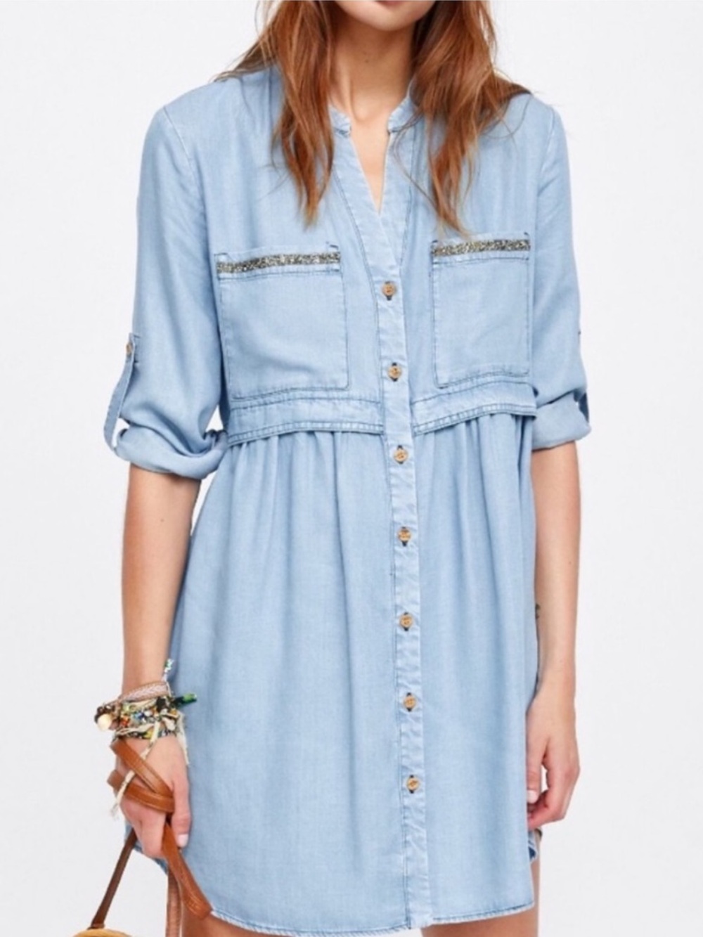 Zara Light Blue Denim Mini Dress with Beaded Trim